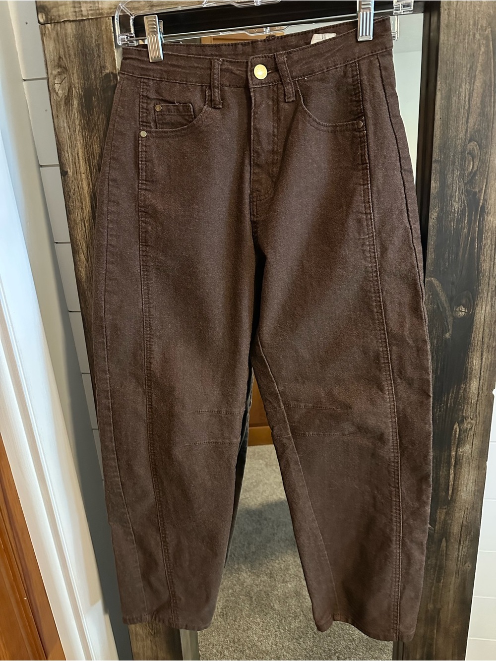 Women’s Brown Barrel Leg Jeans Size Medium High Rise Seamed Stretch Denim
